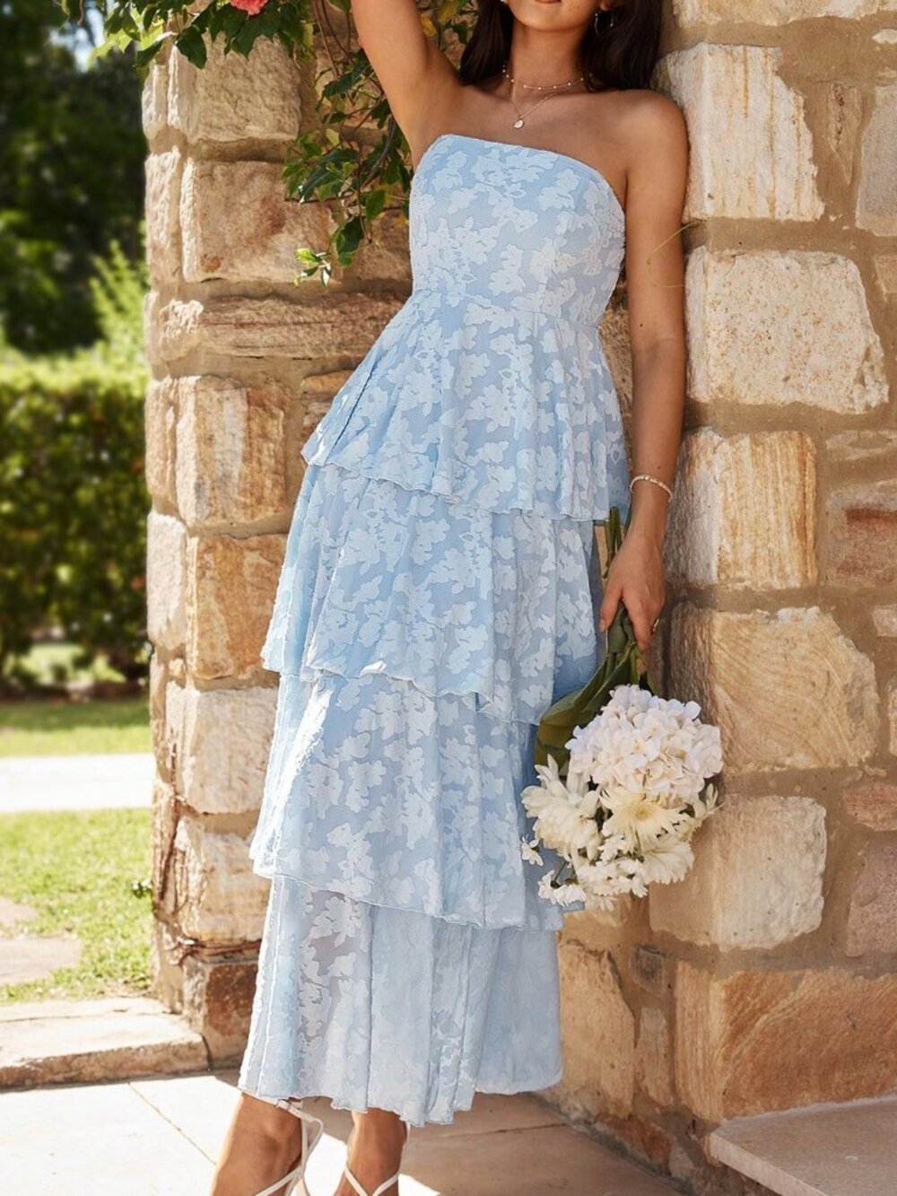 Baby Blue Elegant Women's Floral Strapless Maxi Dress with Tiered Ruffle - Picture 6 of 8